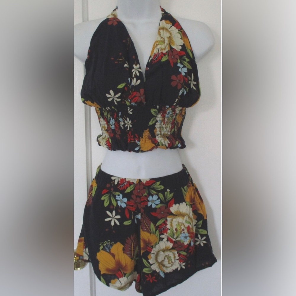 Floral Smocked Crop Top - Navy with Multicolor Floral